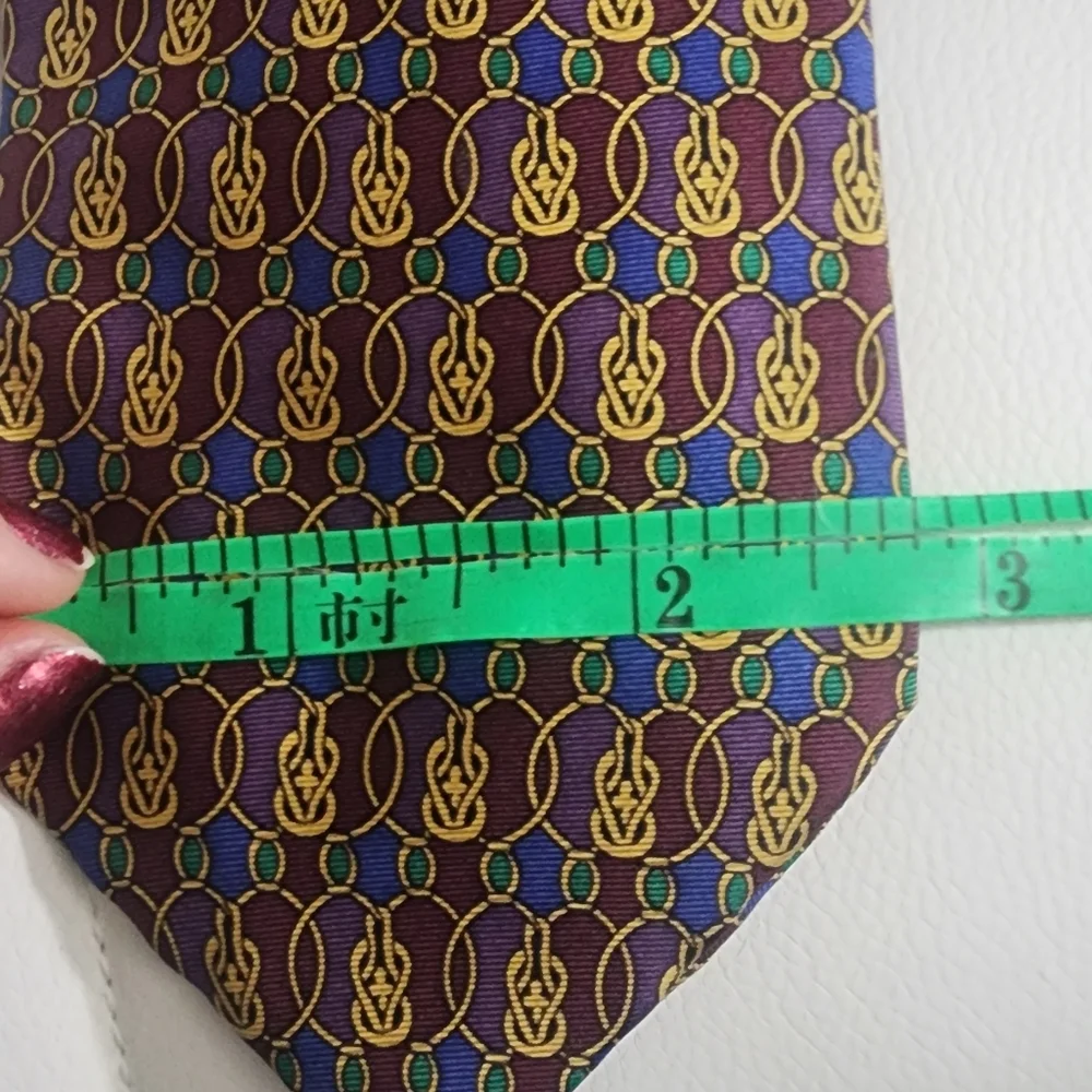 Dior Brown Silk Tie‎ with Blue and Gold Motif, Length: 44.5